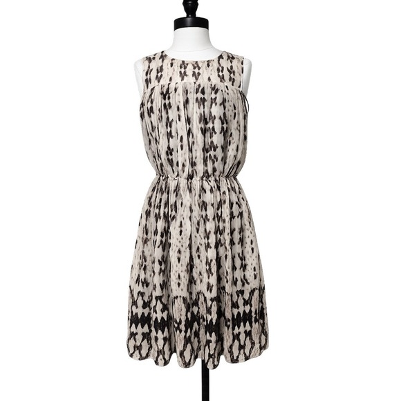 Mango Dresses & Skirts - MANGO SUIT Sleeveless Dress Women Large Cream Brown Ikat Print Chiffon A-Line